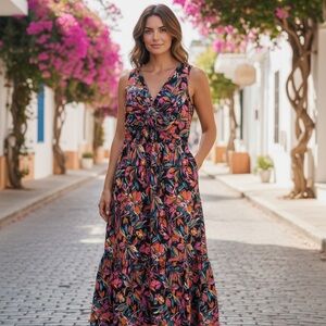 French Connection Black Maxi Dress with Pink, Orange and Blue Floral Print